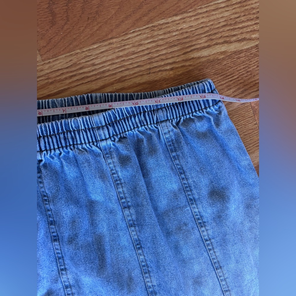 Vintage Denim Midi Skirt 90s Blue Jean Flounce Hem Skirt | Elastic Waist Size M - Picture 5 of 6